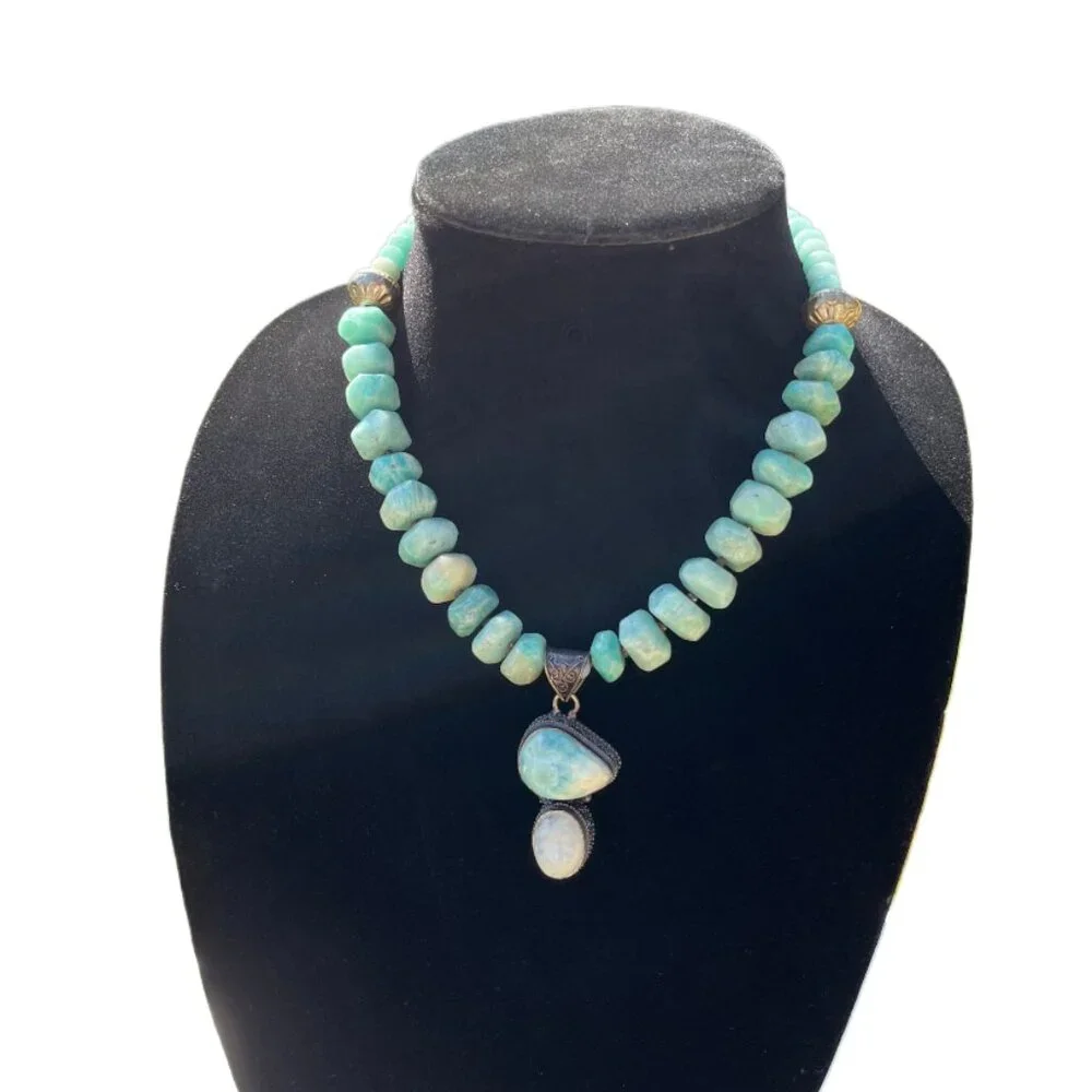 Handcrafted Amazonite, Larimar and Moonstone Beaded Necklace Bronze Tone Accents - Picture 5 of 11